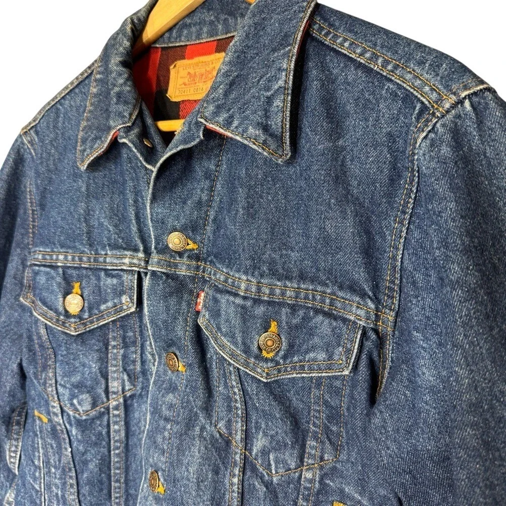 Vintage Levi's Buffalo Plaid Flannel-lined‎ Denim Trucker Jacket 80s Men's S / M